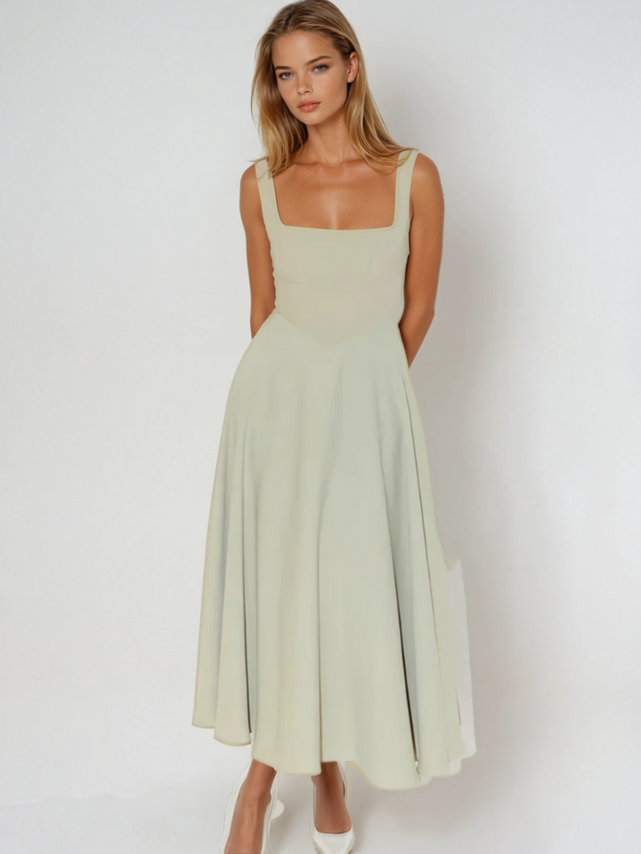 Klassisches grünes Damen Midi-Kleid, elegant und vielseitig für besondere Anlässe.
