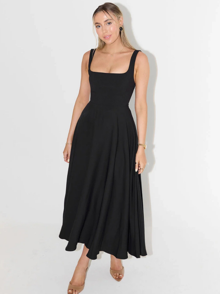 Schwarzes Midi-Kleid, zeitloses Damenkleid für Business, Party und festliche Ereignisse.
