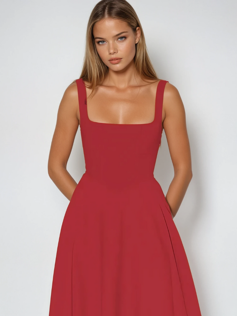 Rotes klassisches Damen Midi-Kleid, auffällig und elegant, ideal für Party und Abend.