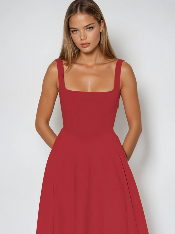 Rotes klassisches Damen Midi-Kleid, auffällig und elegant, ideal für Party und Abend.