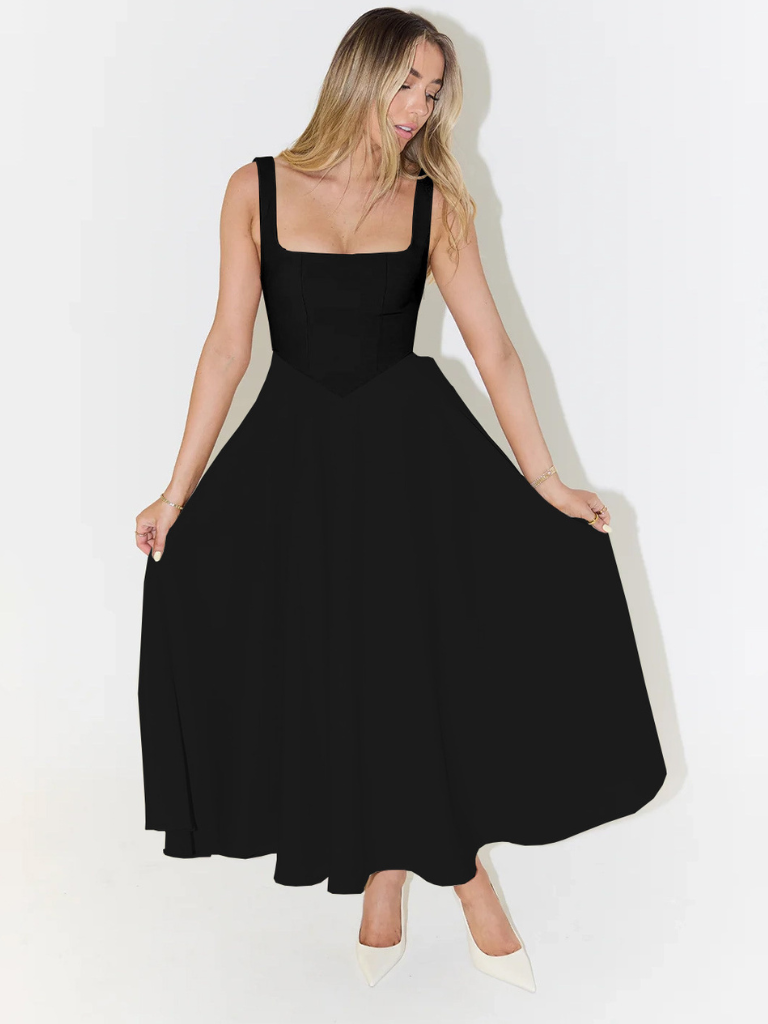 Schwarzes Damenkleid im Midi-Schnitt, elegantes und vielseitiges Basic für jede Garderobe.
