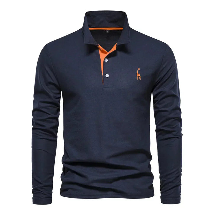 Modernes Langarm Poloshirt für Herren. Elegantes Oberteil, ideal für stilvolle Herrenmode und Business Casual Looks.