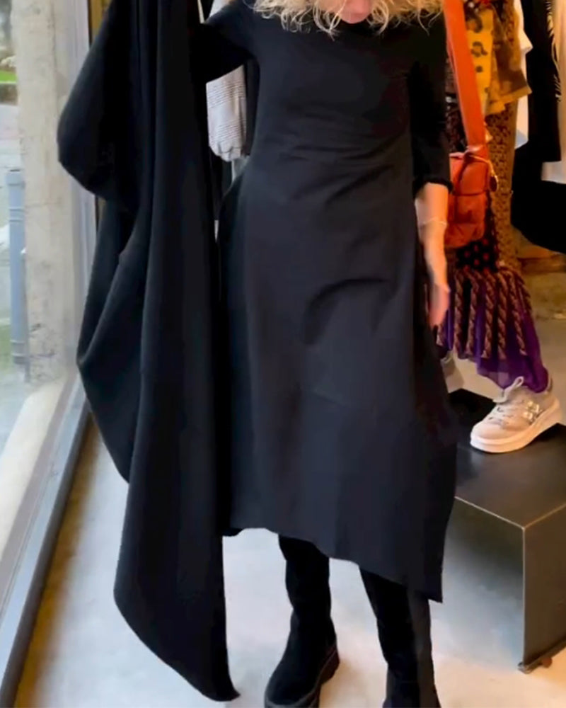Bequemes schwarzes Midi-Kleid Sofia für Damen, klassischer Schnitt mit langen Ärmeln, perfekt für jede Jahreszeit.