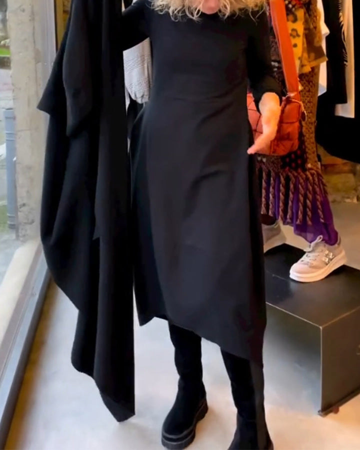 Elegantes Damen Midi-Kleid in Schwarz, A-Linie mit langen Ärmeln, ideal für klassische und moderne Looks.