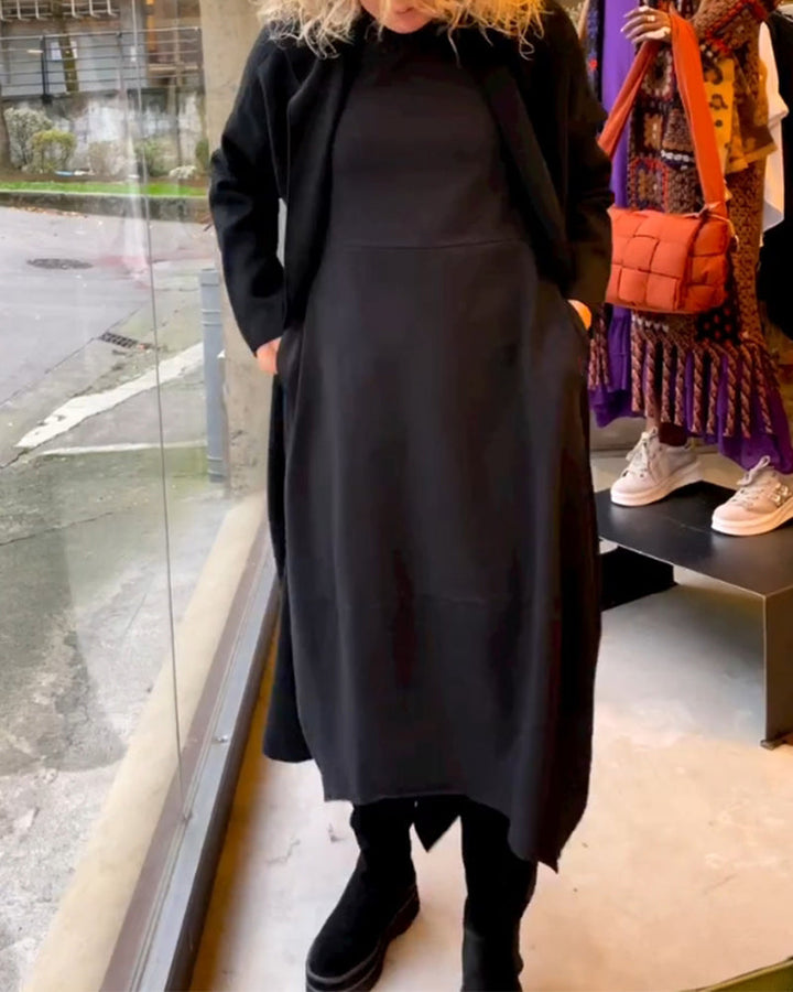 Schwarzes Midi-Kleid für Damen, elegantes Design mit A-Linie, lange Ärmel, ideal für Büro und Freizeit.