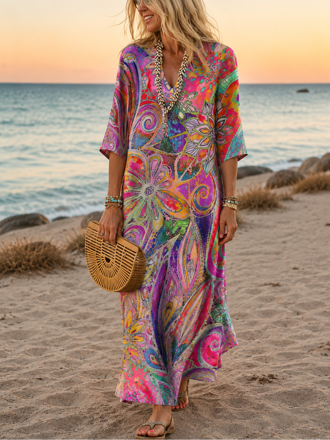 KLEMENTYNA Damen Boho-Maxikleid, farbenfroh und luftig, perfekt als Sommer-, Strand- oder Freizeitkleid.