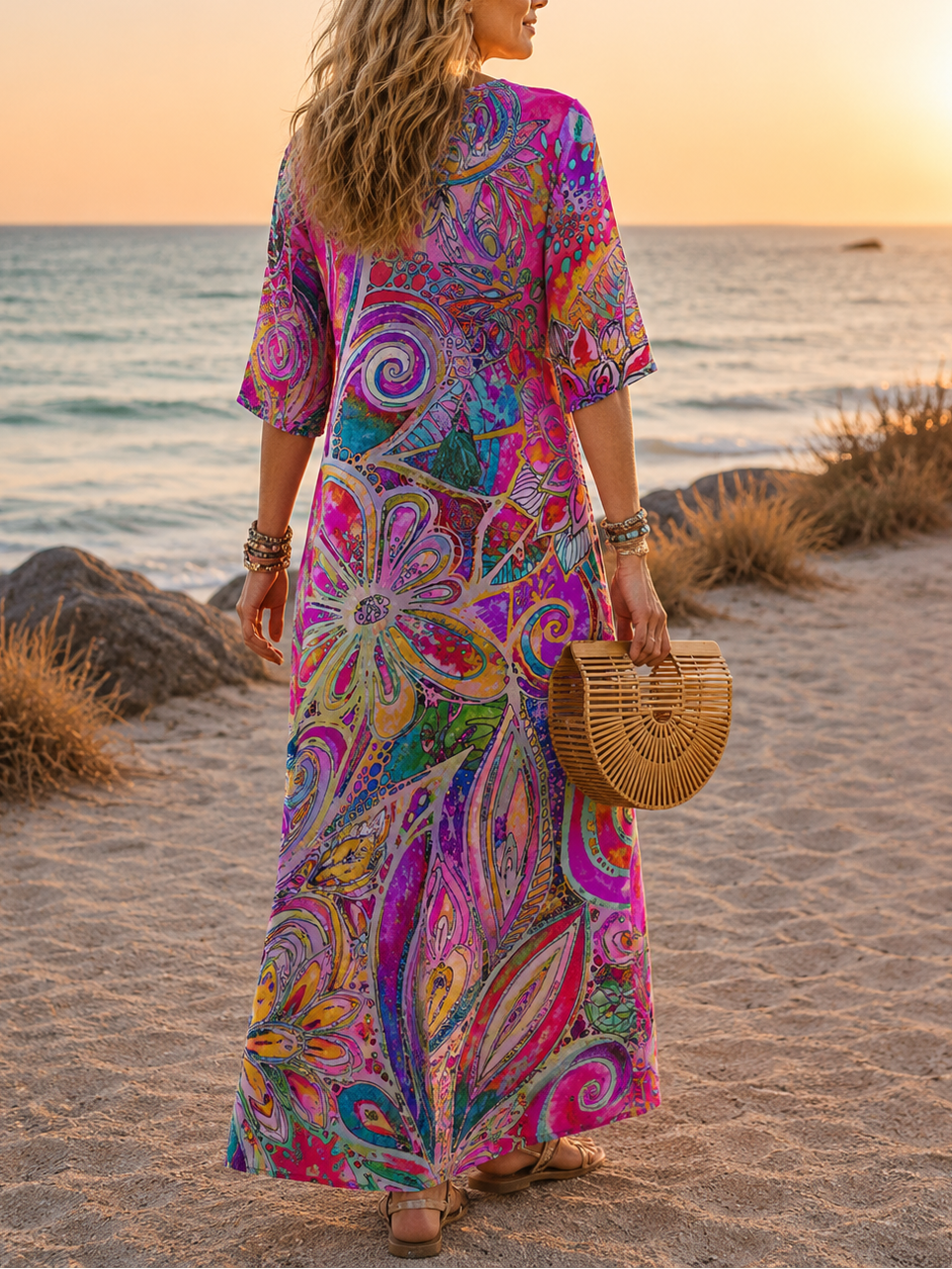 Lebhaftes Damen Boho-Maxikleid im Vintagestil, bequem und luftig, ideal für entspannte Sommer- und Strandtage.
