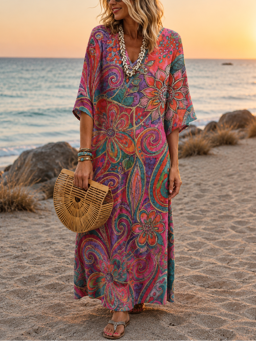 Farbenfrohes, langes Damen Sommerkleid, das KLEMENTYNA Maxikleid ist ein luftiges Freizeit- und Strandkleid.