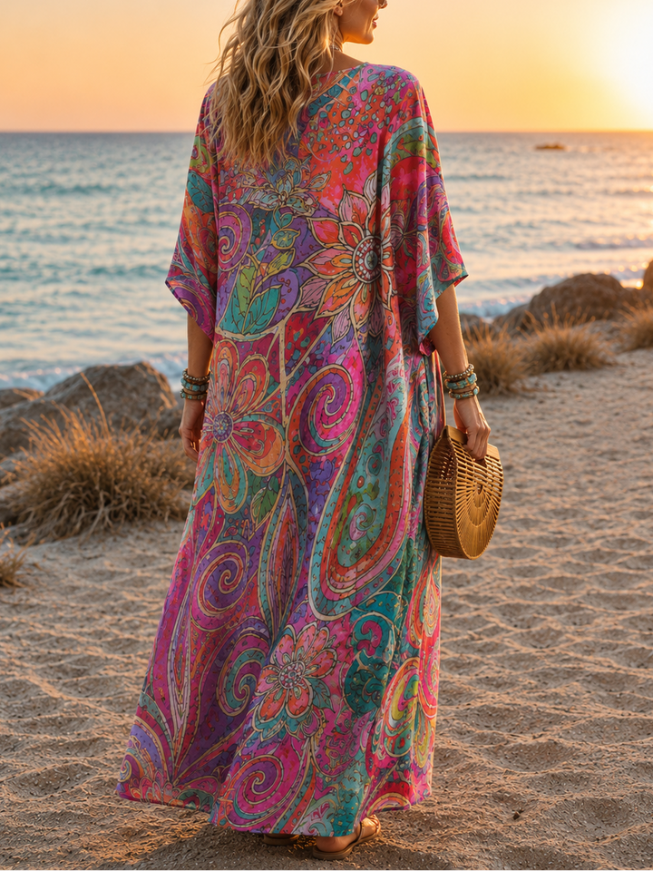 Stylisches Damen Boho-Maxikleid, fließend und bequem, ein farbenfrohes Sommerkleid im Vintagestil.