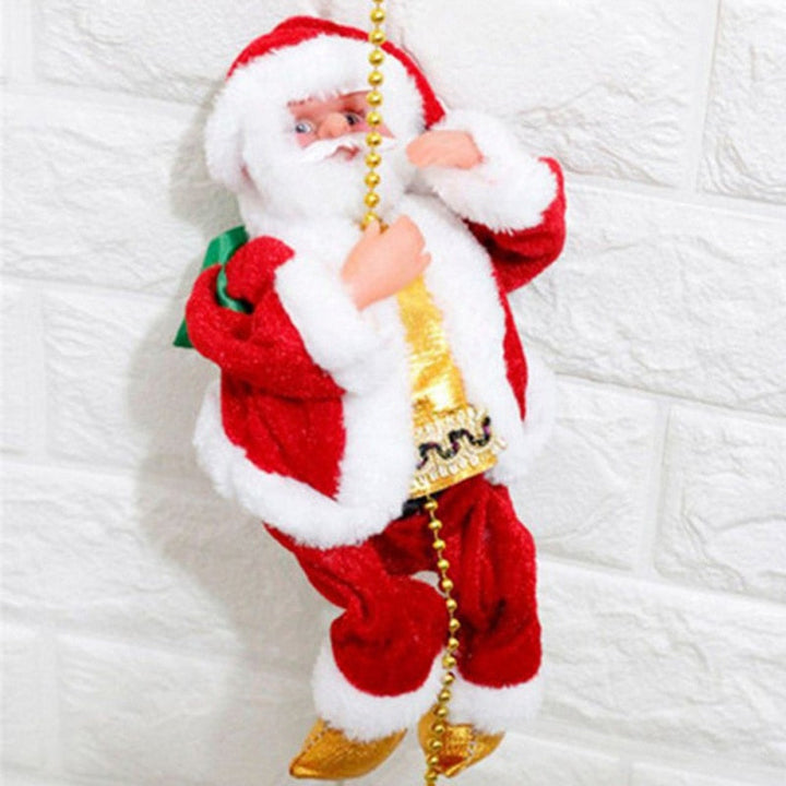 Kletternder Weihnachtsmann an Leiter als festliche Weihnachtsdeko für Innen- und Aussenbereich.
