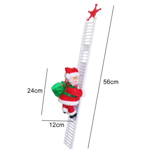 Nahaufnahme des kletternden Weihnachtsmannes in seinem roten Anzug, mit vielen festlichen Details.