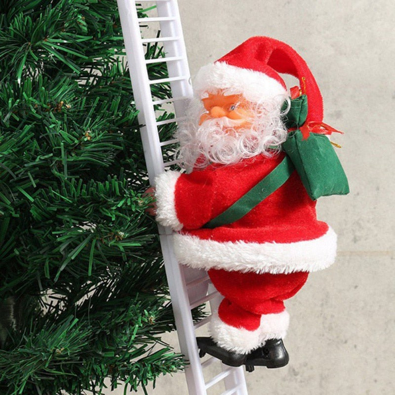 Fröhlicher Weihnachtsmann klettert Leiter hoch, bringt festliche Stimmung als charmante Weihnachtsdeko Figur.