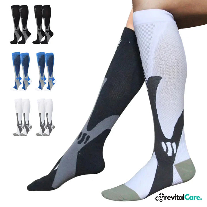 Unisex Kompressionssocken in schwarz, vielseitig für Sport, Alltag, Reisen & Vitalität der Beine.
