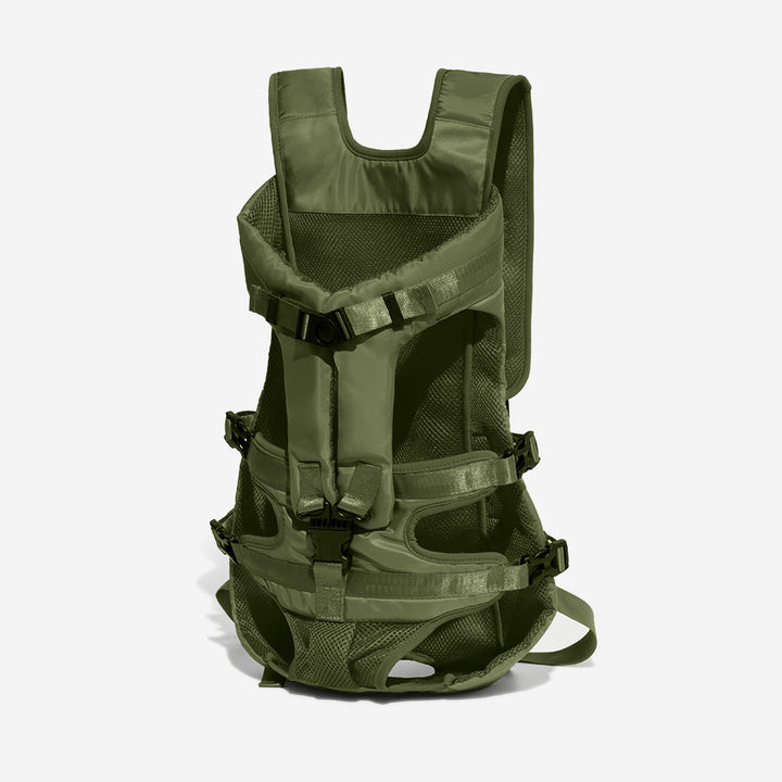 Funktionaler Haustierrucksack, verstellbar und mit Seitentaschen für Zubehör.
