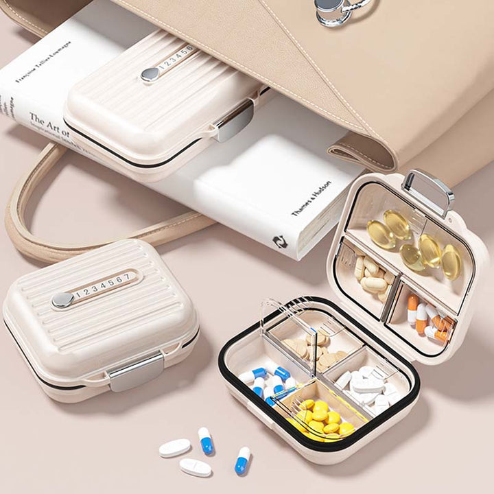 Praktische Medikamentenbox für Reisen: kleine Pillendose zur organisierten Aufbewahrung von Tabletten für unterwegs.