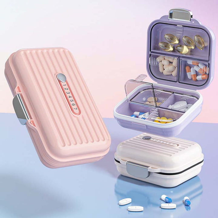 Weiße Mini-Pillenbox mit mehreren Fächern, perfekt für tägliche Medikamente; diskrete Organisation auf Reisen.