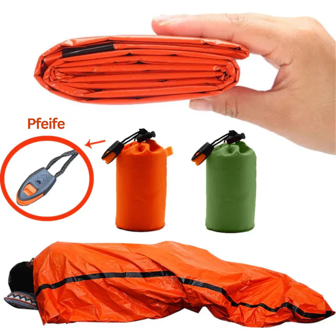Kompakter Notfall-Thermo-Schlafsack, wasserdicht & wärmeisolierend für Outdoor, Camping & Überleben.