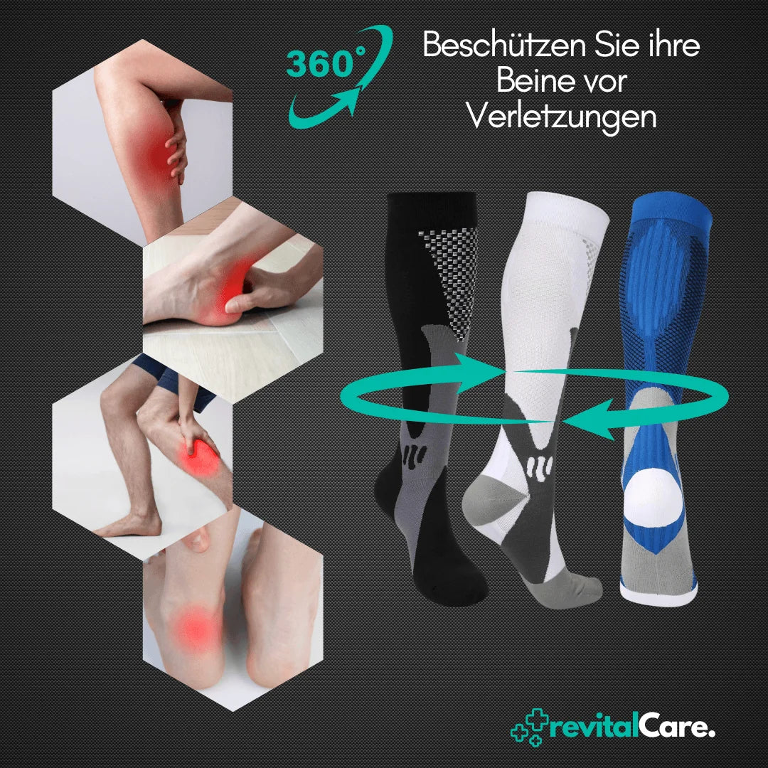 Ganze Ansicht der ActiveSupport Kompressionssocken, auf flachem Hintergrund, für aktive Beine.