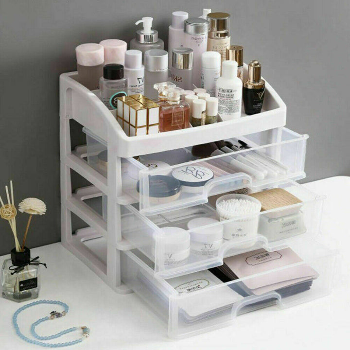 Stilvolle transparente Kosmetikbox mit Schubladen. Perfekte Aufbewahrung für Make-up und Schmuck.