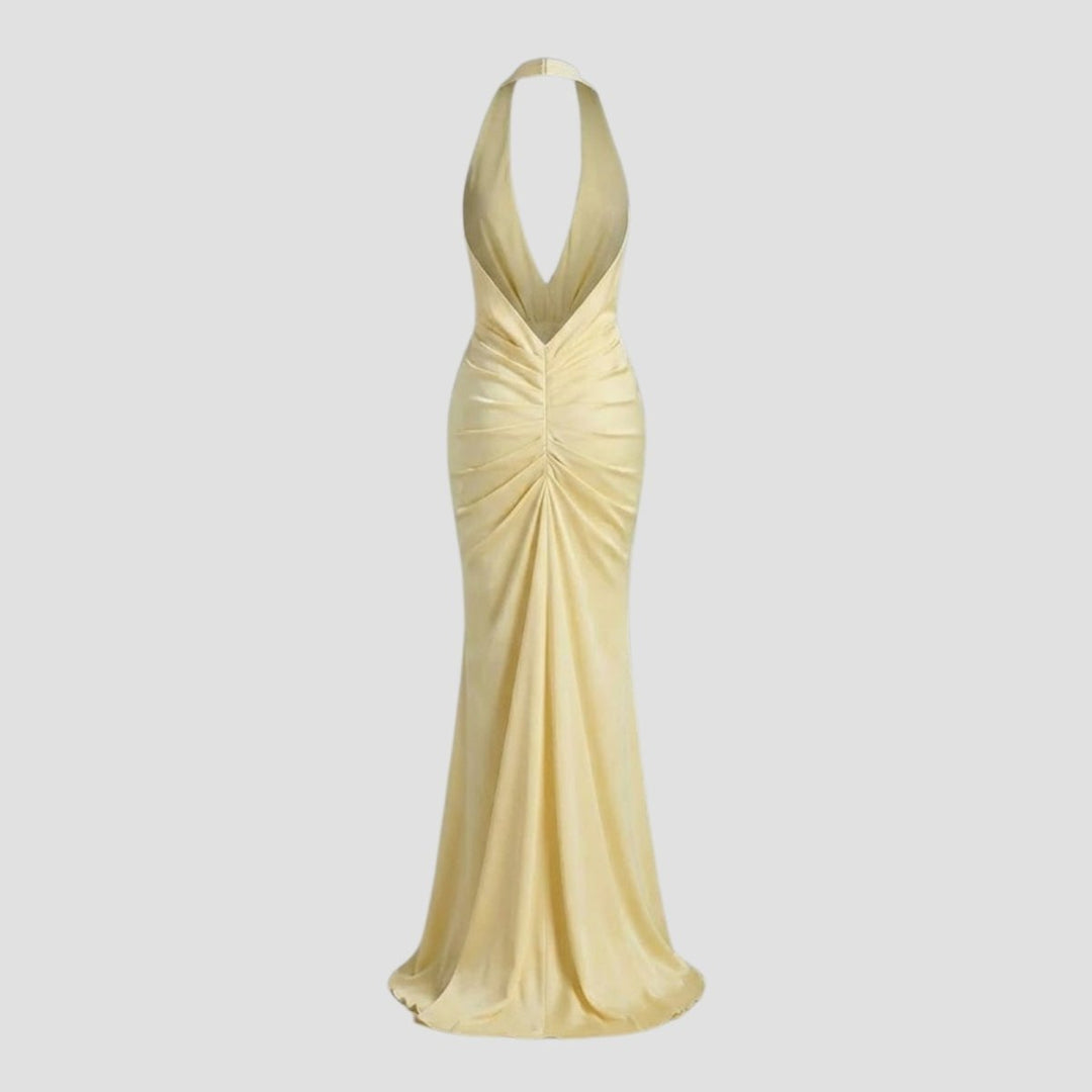 Schimmerndes Party-Maxikleid für Frauen, tiefer Ausschnitt und rückenfrei, ideal für glamouröse Events.