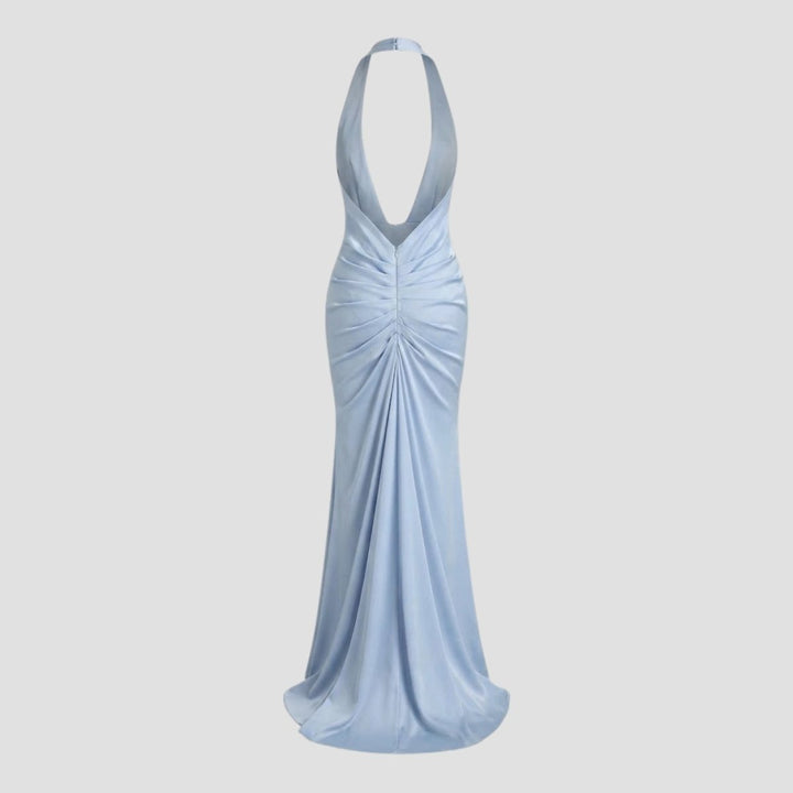 Festliches Maxikleid für Damen, elegant & glitzernd, mit tiefem Ausschnitt und rückenfreiem Design.