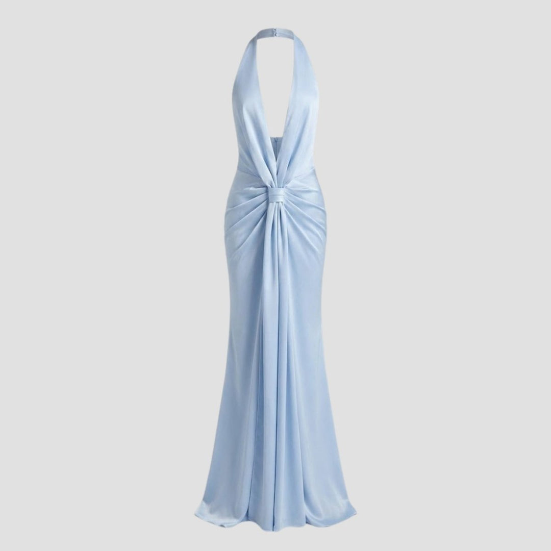 Schimmerndes Damenkleid, rückenfrei mit Knotendetail und tiefem Ausschnitt, für glamouröse Auftritte.