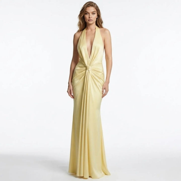 Glamouröses Partykleid mit schimmerndem Stoff, tiefer V-Ausschnitt & Knotendetail, für Sommer & Frühling.