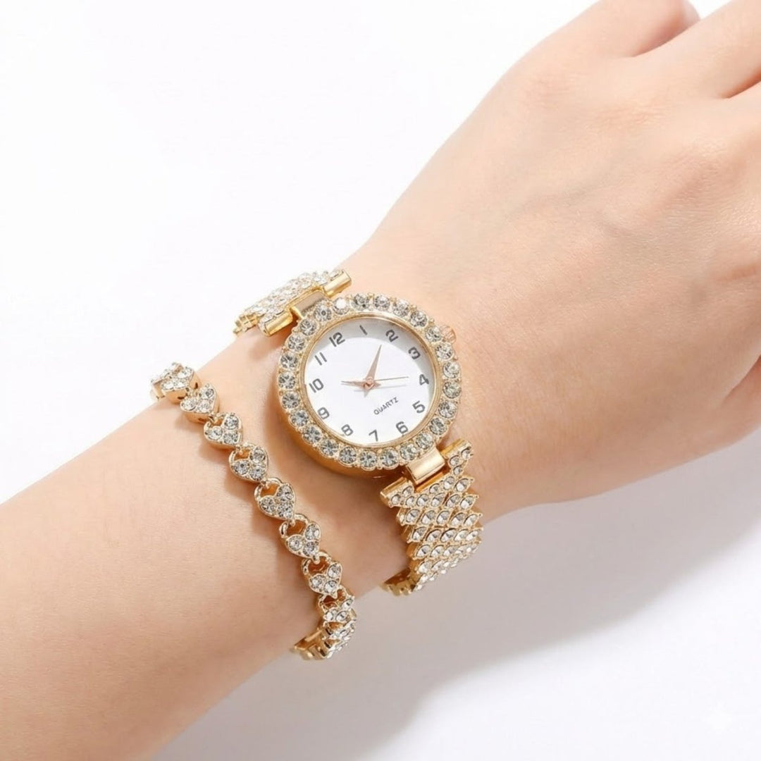 Damen Luxus-Uhrenset mit glänzendem Armband in Roségold-Optik, elegantes Geschenk für Frauen.