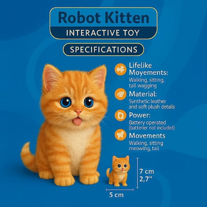 Niedliches orangefarbenes Roboter-Kätzchen aus Plüsch. Interaktives Spielzeug, miaut & läuft realitätsnah für Kinder.