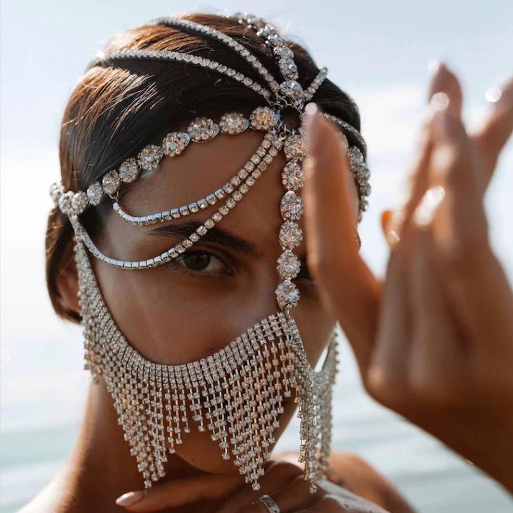 Unisex Funkelnde Schleier Maske, Strass & Quasten Gesichtsschmuck für Maskerade und festliche Events.
