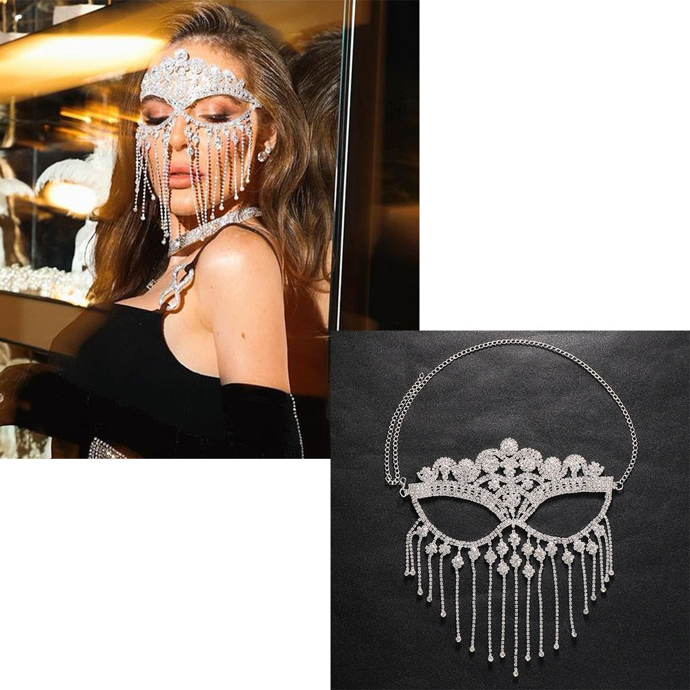 Unisex Funkelnde Maskerade Schleier Maske, glänzender Gesichtsschmuck mit Strass & eleganten Quasten.
