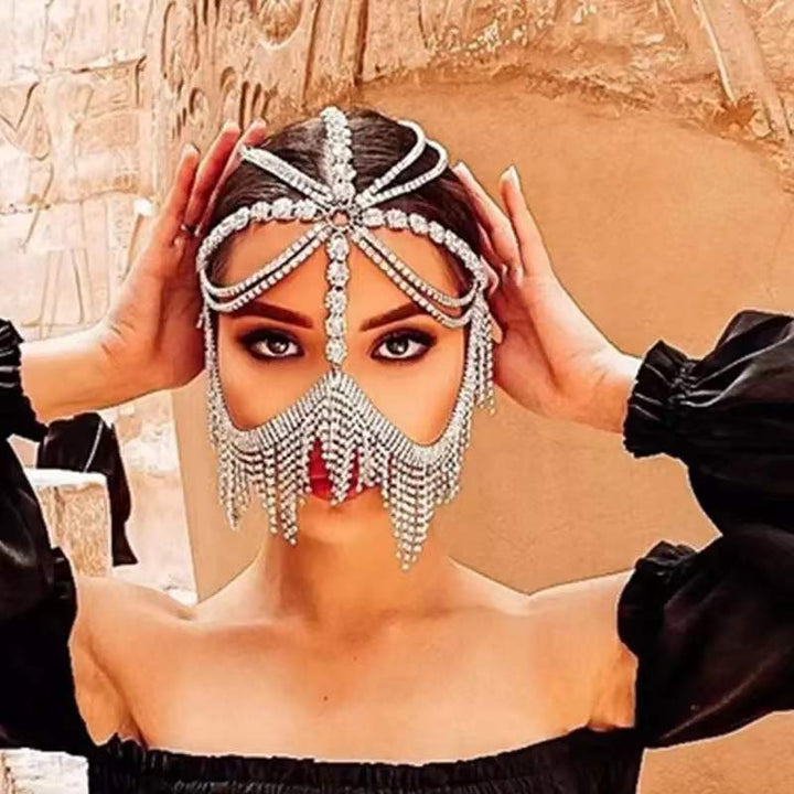 Einzigartige Glitzer Schleier Maske, festlicher Strass Gesichtsschmuck mit Quasten für glamouröse Partys.
