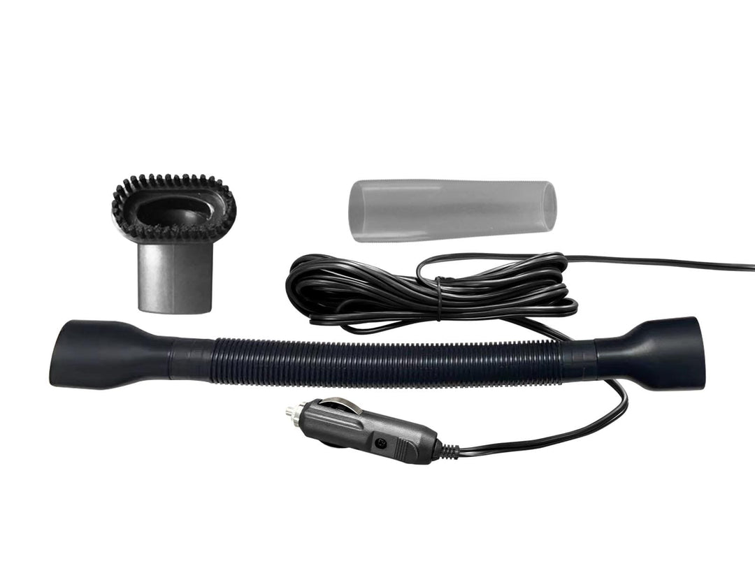 Kompakter 12V Auto-Handstaubsauger mit verschiedenen Düsen für umfassende Autoreinigung und Autozubehör.