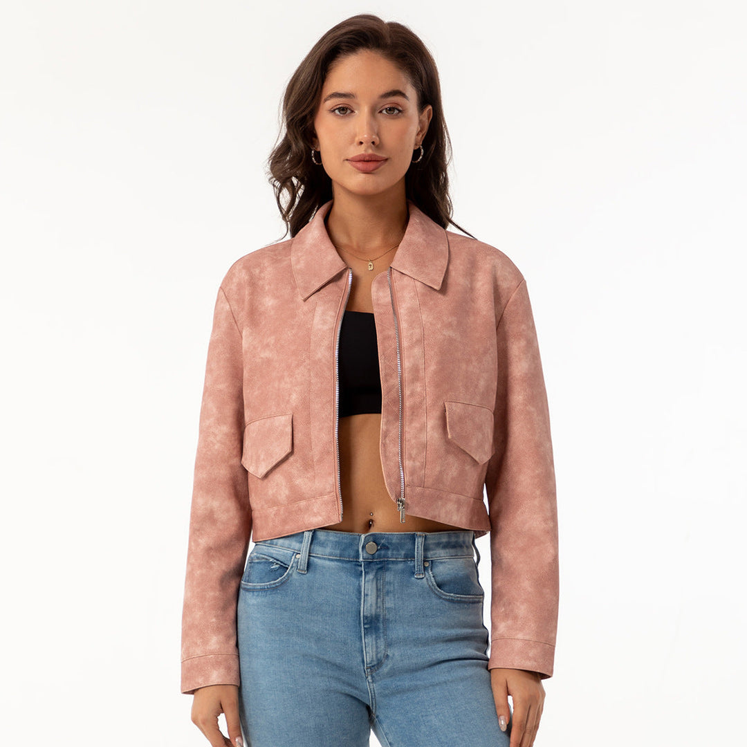 Schicke Damen-Kurzjacke im eleganten Stil mit auffälligem Wellenkragen, ideal für trendige Outfits.