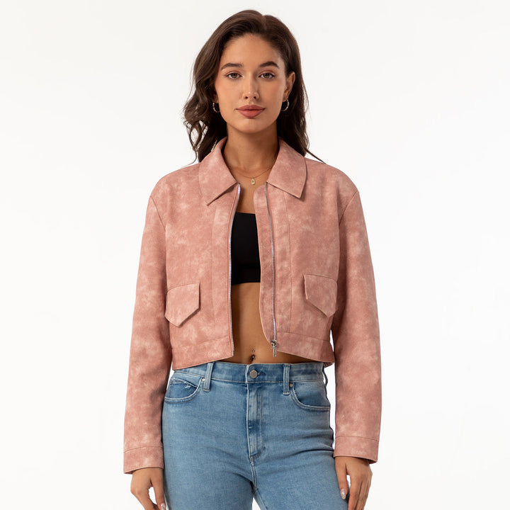Schicke Damen-Kurzjacke im eleganten Stil mit auffälligem Wellenkragen, ideal für trendige Outfits.