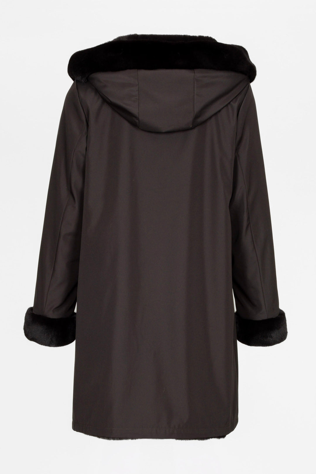 Damen Kapuzenmantel in A-Linie, wendbarer Kurzmantel in Dunkelbraun, elegant und modebewusst getragen.