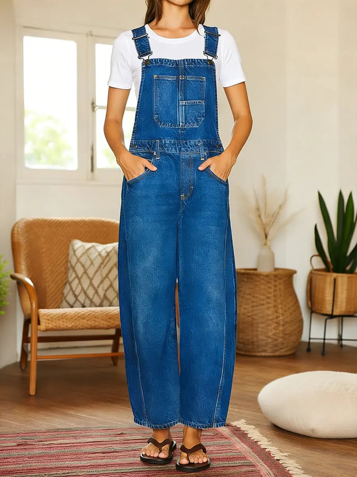 Lässige Damen Latzhose Jumpsuit mit lockerem Schnitt und praktischen Seitentaschen, ideal für Freizeit & Alltag.