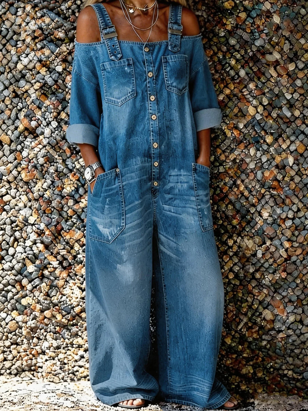 Lässiger Damen Overall Jumpsuit mit verstellbaren Schulterriemen und weiten Beinen, ideal für bequeme Freizeit.