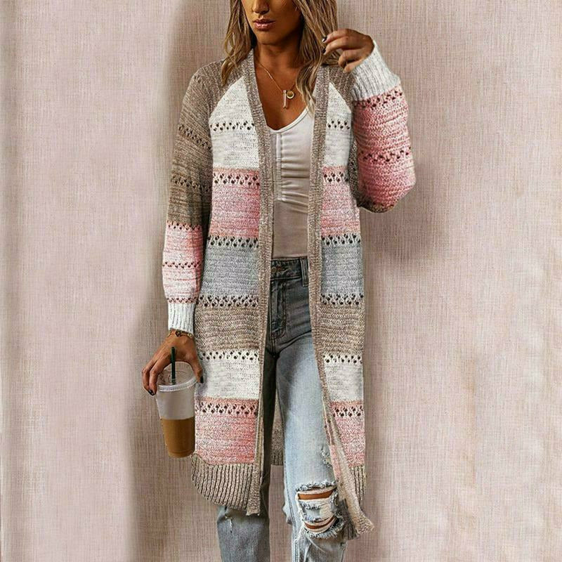 Trendiger Damen Cardigan, gestreift, ideal für Frühling & Herbst. Weiche, bequeme Strickjacke in Langarm-Design.