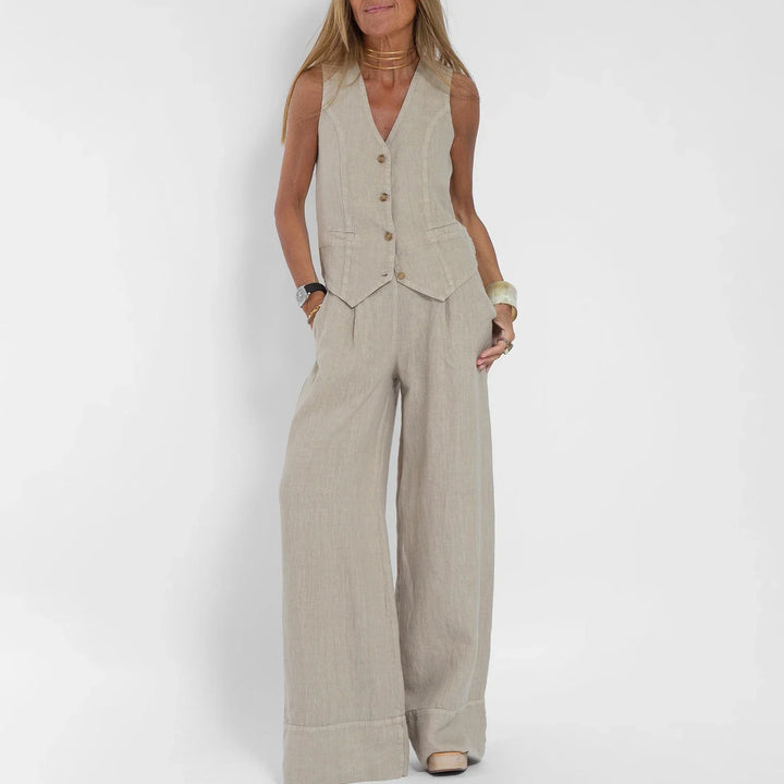 Lässiges Damen Blazer Set Zweiteiler mit ärmellosem Blazer und weiter Hose für bequeme Streetwear.