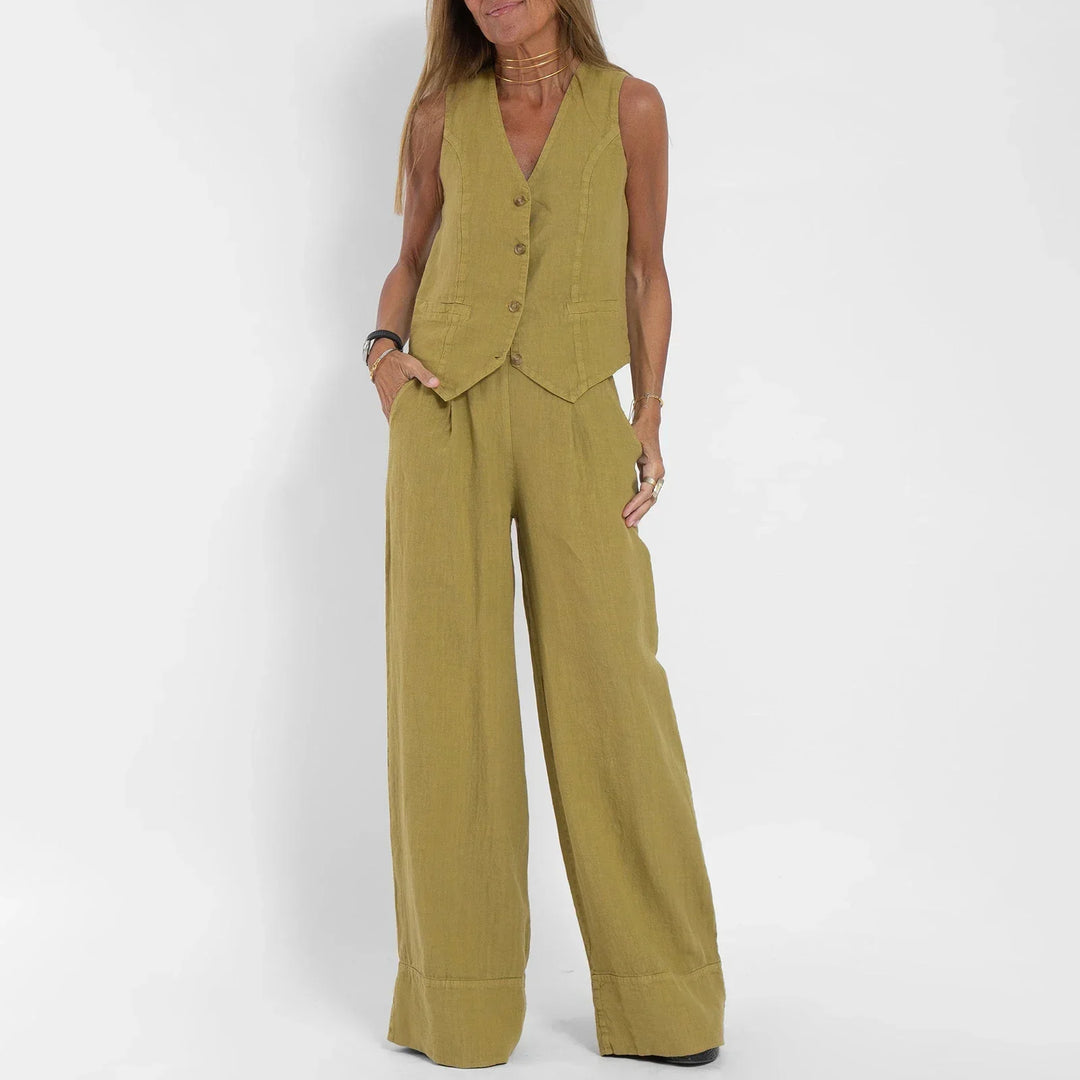 Trendiges Damen Blazer Set mit weiter Hose und lässigem ärmellosem Blazer für stilvolle Streetwear-Looks.
