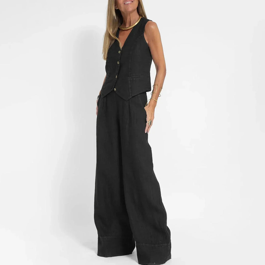 Vielseitiges Damen Blazer Set. Eleganter Zweiteiler mit lässigem ärmellosem Blazer und weiter Hose für jeden Anlass.