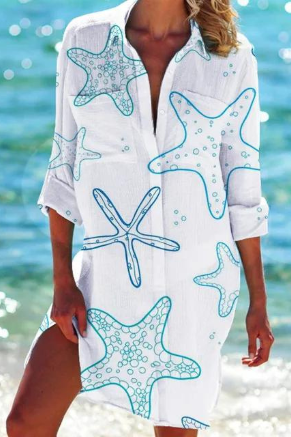 Maritimes Damen Sommerkleid, lange Strandbluse mit schönem Meeresmotiv, locker fallend, ideal für Urlaub.