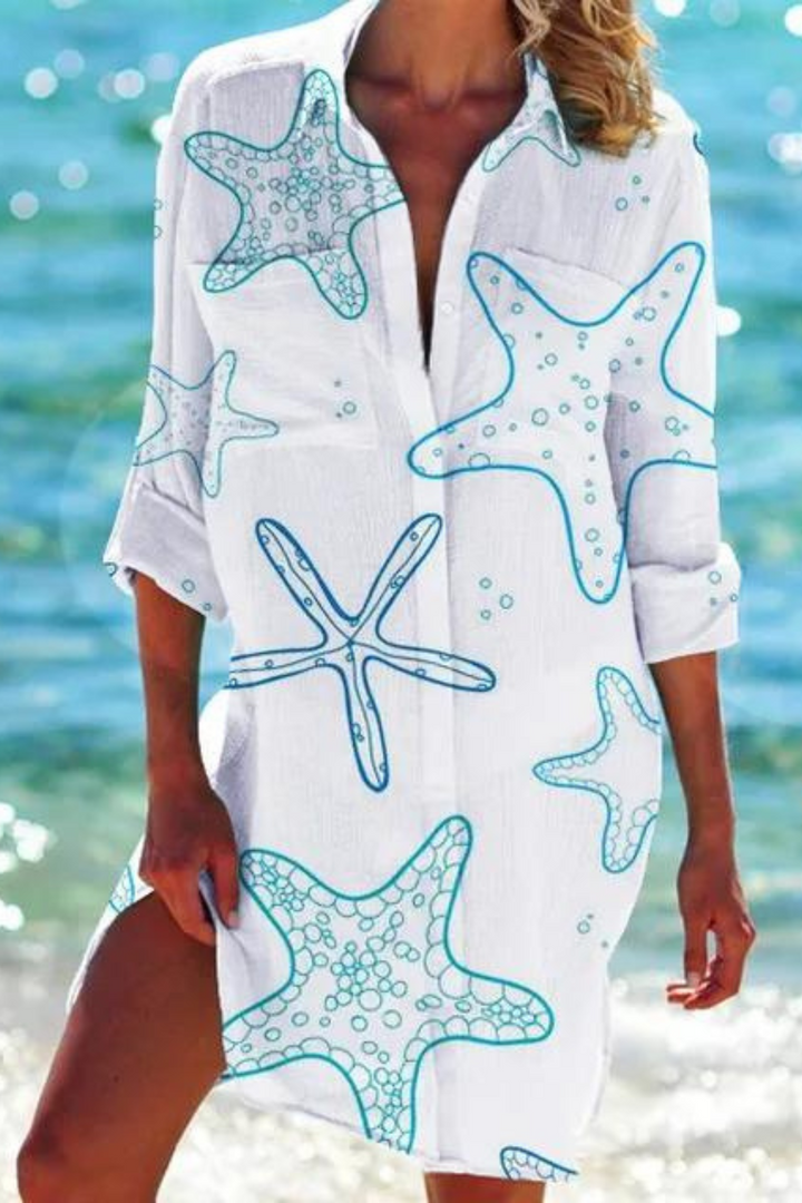 Maritimes Damen Sommerkleid, lange Strandbluse mit schönem Meeresmotiv, locker fallend, ideal für Urlaub.