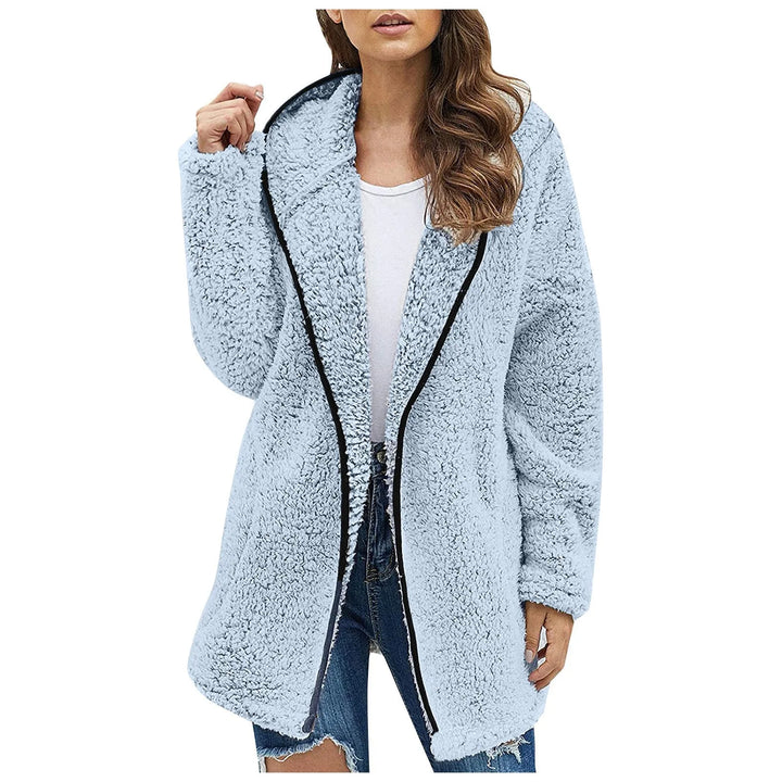 Lange kuschelige Damen Fleece Jacke 'Luna' für Winter & Herbst. Warme Kapuzenjacke, stilvoll und bequem.