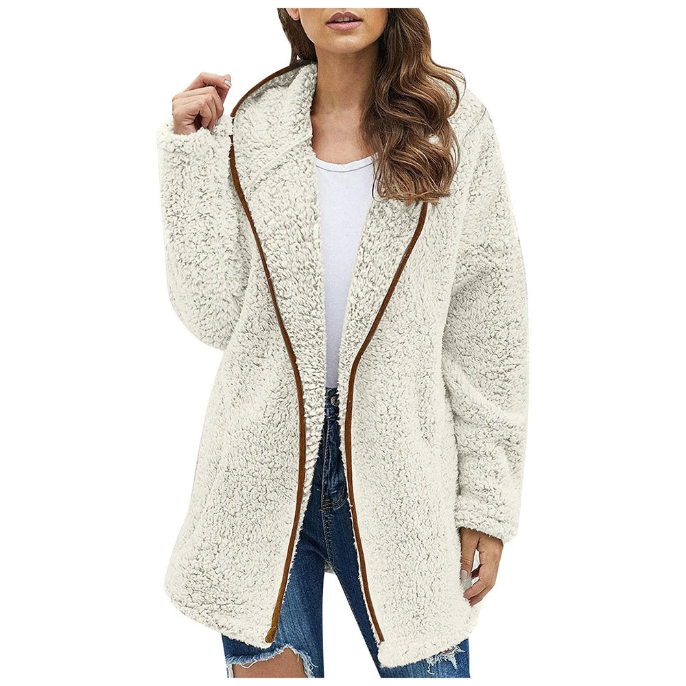 Stilvolle, lange Damen Fleece Winterjacke 'Luna' mit Kapuze. Kuschelig warm für Herbst & Winter Outdoor.