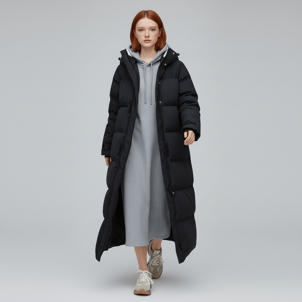 Rückenansicht des langen Damen Wintermantels Abigail mit Kapuze. Modisch & funktional, hält warm.