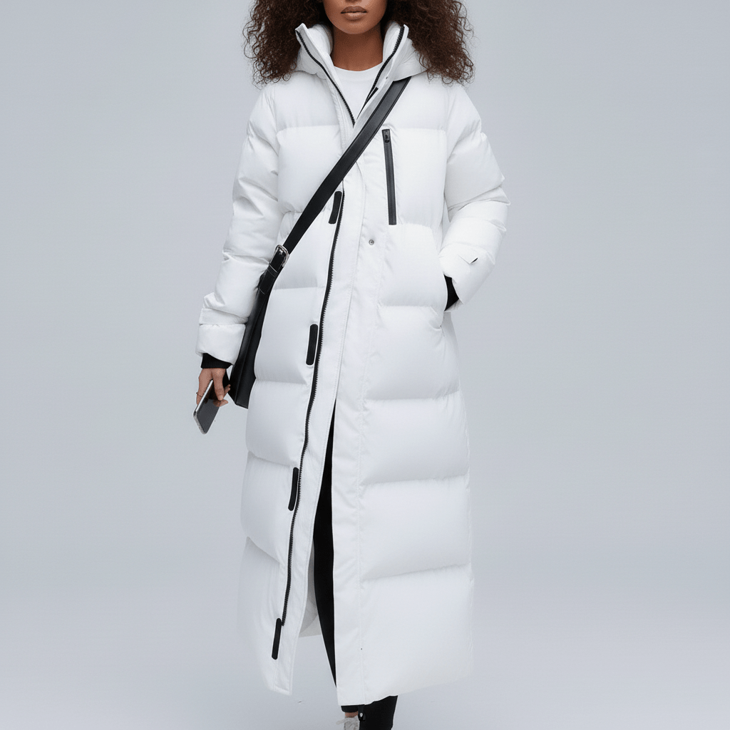 Vorderansicht mit Reißverschluss & Seitentaschen des langen Damen Puffer Coats Abigail. Praktisch & warm.