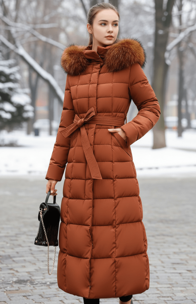 Moderner Damen Wintermantel Natalie, langer Steppmantel mit warmer Kapuze. Perfekte Outdoor-Bekleidung.