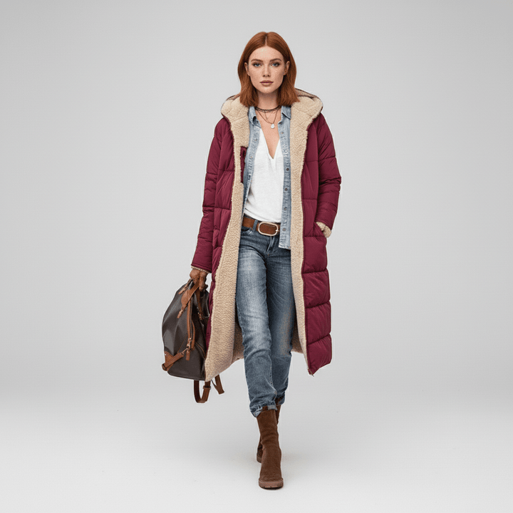 Vielseitiger langer Steppmantel Lillian für Damen. Gesteppt & warm, perfekt für kühle Tage.